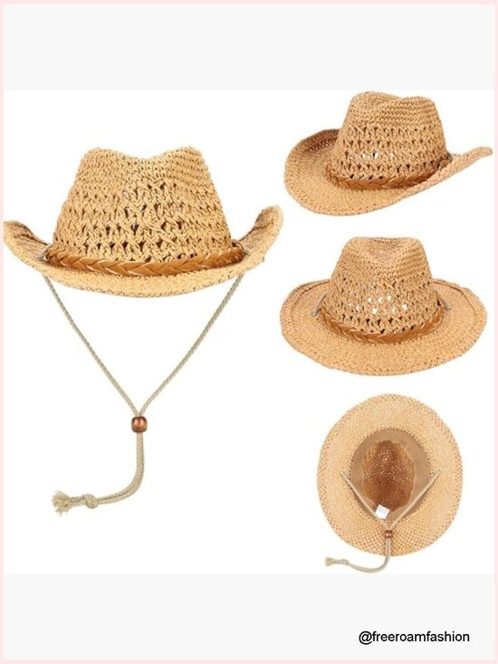 Straw Cowboy Hat Wide Brim Sun Hat with Chin Strap Breathable Western Cowgirl